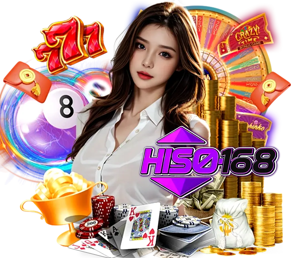 HISO168 ภาพโปรโมตคาสิโนออนไลน์ ผู้หญิงชุดขาว ชิปไพ่ รูเล็ต กองเหรียญ และเลขล็อตโต้