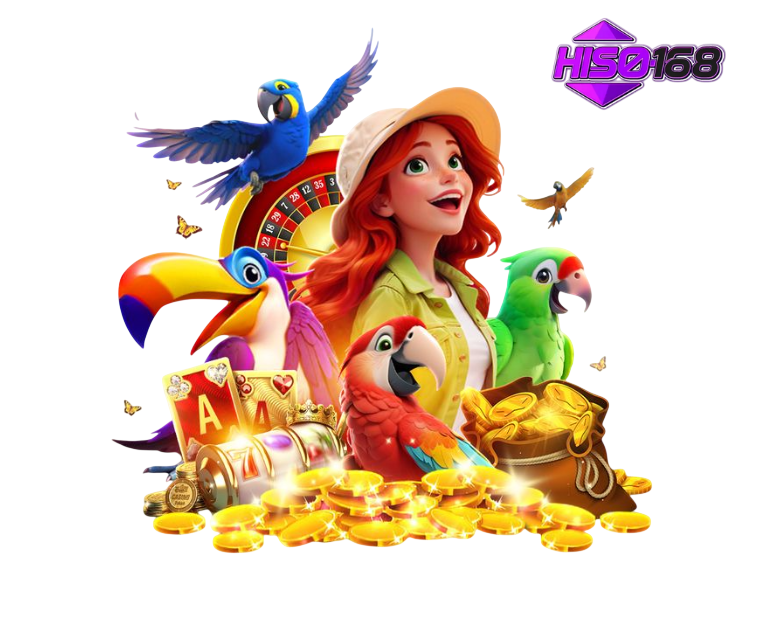 ภาพการ์ตูนผู้หญิงผมแดงแนวคาสิโน นั่งกับเหรียญทองและไพ่ พร้อมนกสีฟ้าและสัญลักษณ์เกมสล็อต