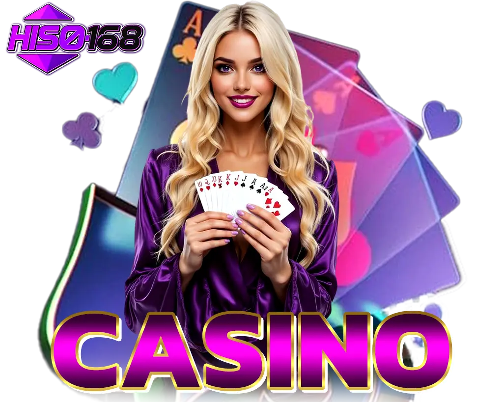HISO168 CASINO สาวสวยผมบลอนด์ชุดม่วงถือไพ่เต็มมือ